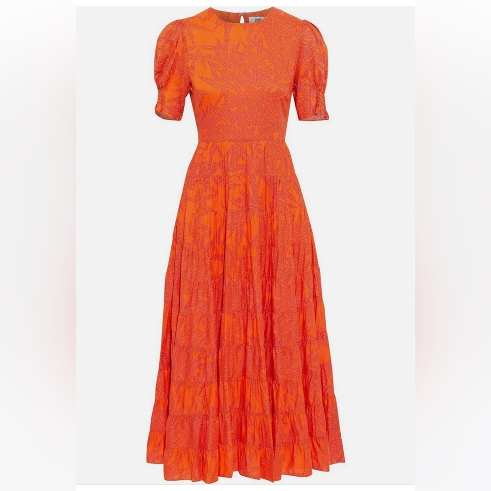 Diane von Furstenberg Zadie Tie Back Midi Dress in Orange Print, Size 12